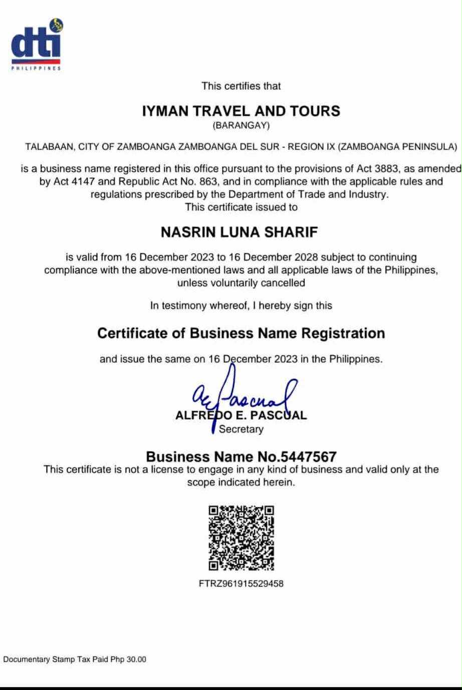 DTI Certificate